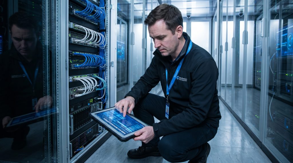 Een IT-specialist in een donkerblauwe werkjas knielt in een modern datacenter en bedient een robuuste tablet terwijl hij de bekabeling en servers in een rack controleert.