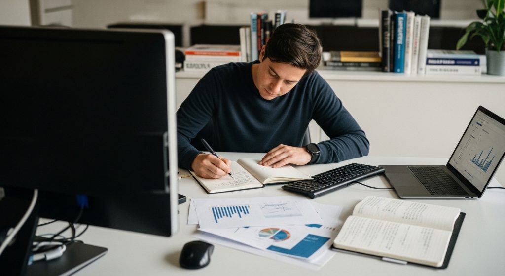 data analist analyseert data op laptop voor inzicht in salaris en carrière