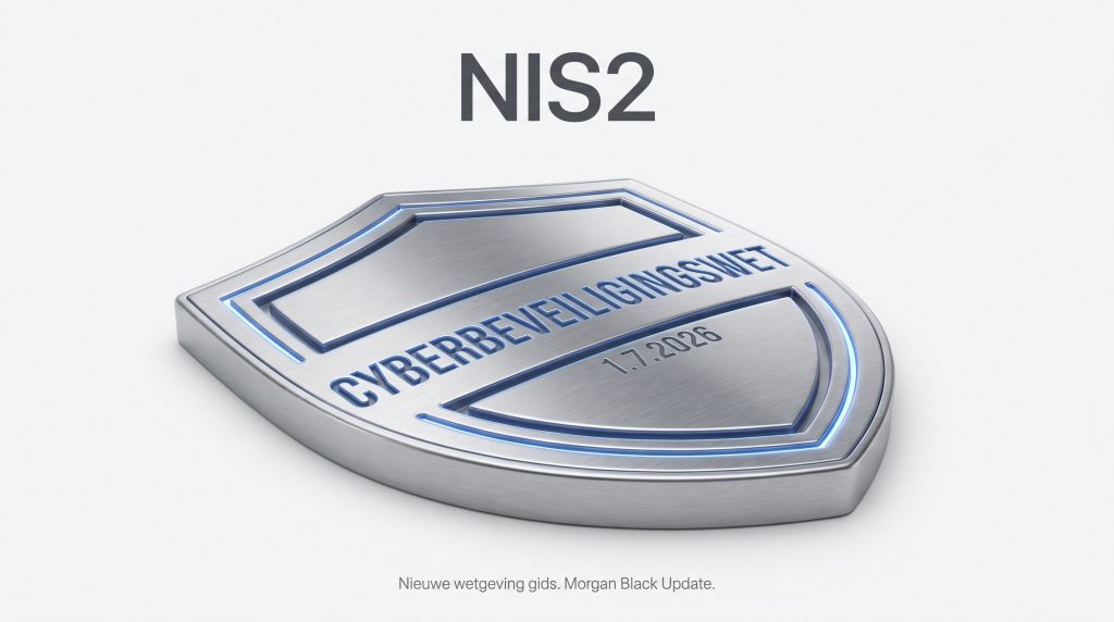 Minimalistisch Apple-stijl ontwerp met de tekst NIS2 en een metalen schild-icoon op een strakke witte achtergrond, symboliserend de Nederlandse Cyberbeveiligingswet en IT-compliance deadline van 1 juli 2026.