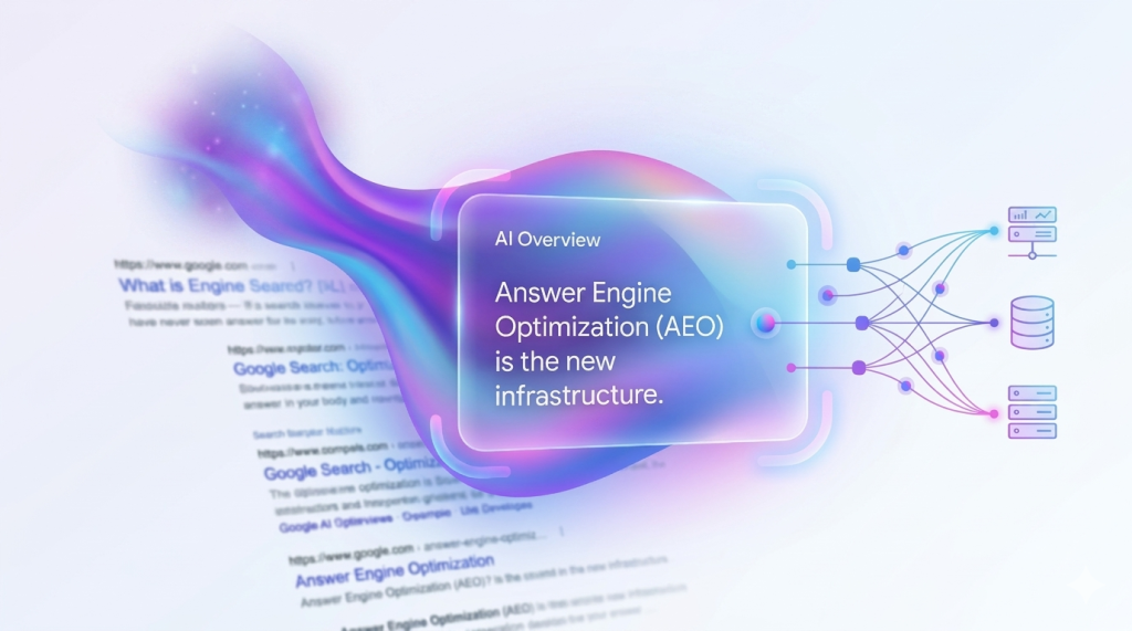 Een futuristische, abstracte visualisatie van een Google AI Overview-scherm. Centraal staat een semitransparant, glazen venster met de tekst "AI Overview: Answer Engine Optimization (AEO) is the new infrastructure." Op de vage achtergrond zijn traditionele zoekresultaten te zien, en aan de rechterkant een diagram van een neuraal netwerk dat verbinding maakt met data-iconen.