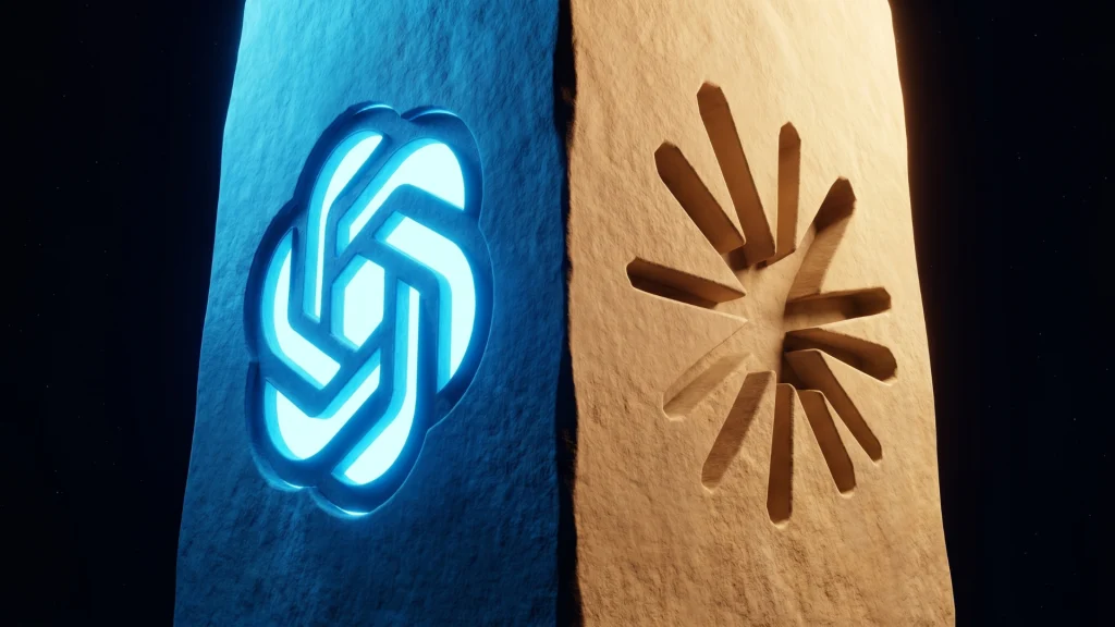 Een visuele vergelijking tussen de logo's van Claude en ChatGPT op een stenen textuur, illustrerend of Claude of ChatGPT beter is als alternatief voor IT-professionals.