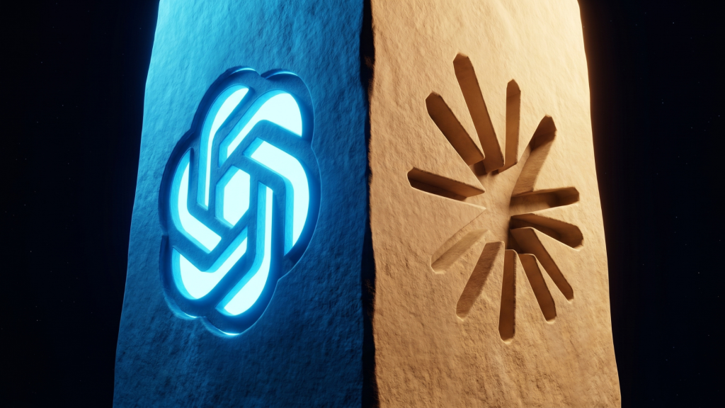 Een visuele vergelijking tussen de logo's van Claude en ChatGPT op een stenen textuur, illustrerend of Claude of ChatGPT beter is als alternatief voor IT-professionals.