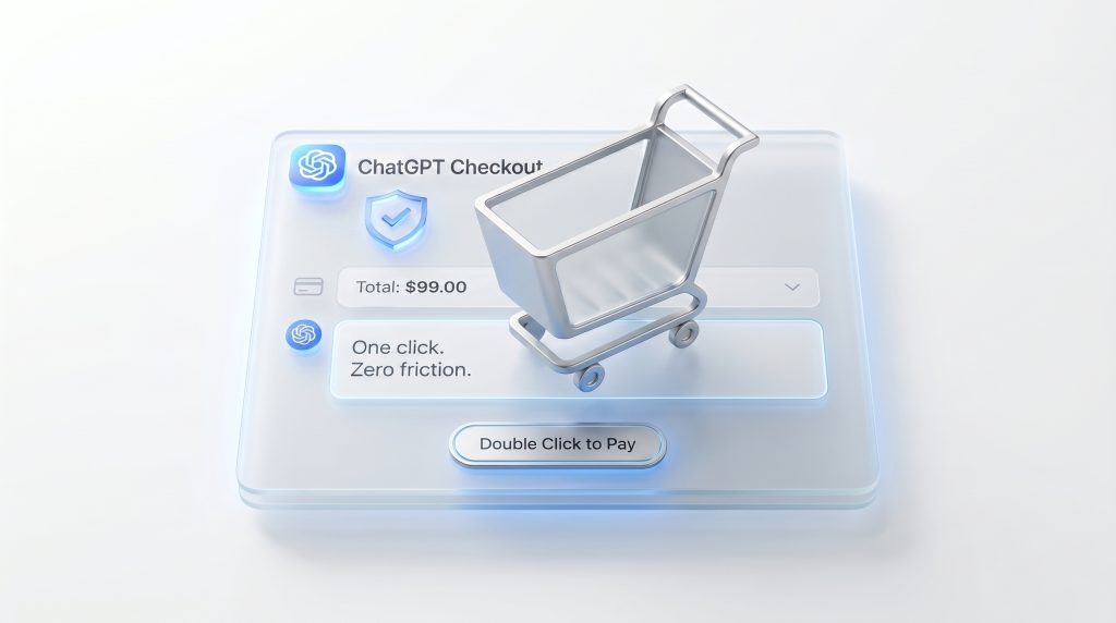 ChatGPT shopping cart en digitale checkout module op een glazen interface paneel, ontworpen voor conversational commerce en online verkopen via ChatGPT