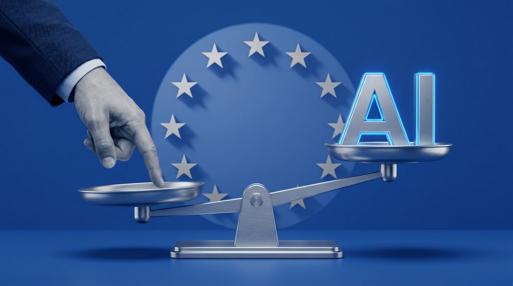 Weegschaal met AI-letters en de Europese vlag, symbool voor de EU AI Act regelgeving en versoepelingen voor IT- en data-professionals.