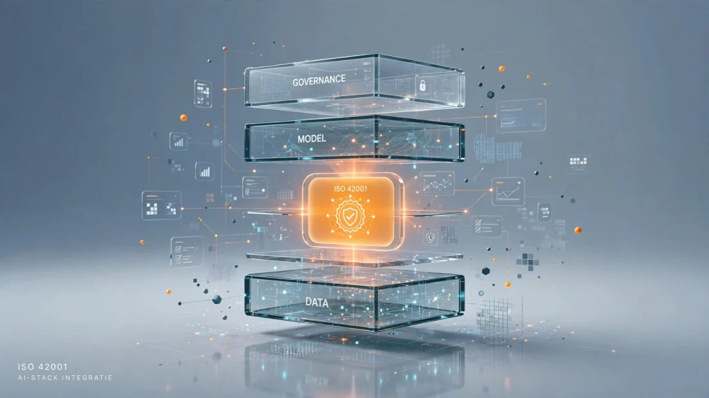 Visuele weergave van ISO 42001 integratie binnen een AI-stack met lagen voor governance, model en data.