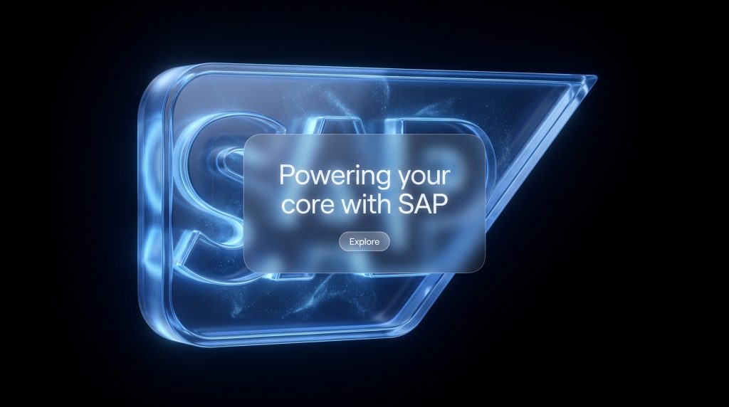 Modern 3D-logo van SAP met de tekst 'Powering your core with SAP', wat staat voor carrièrekansen en werken met SAP-systemen.