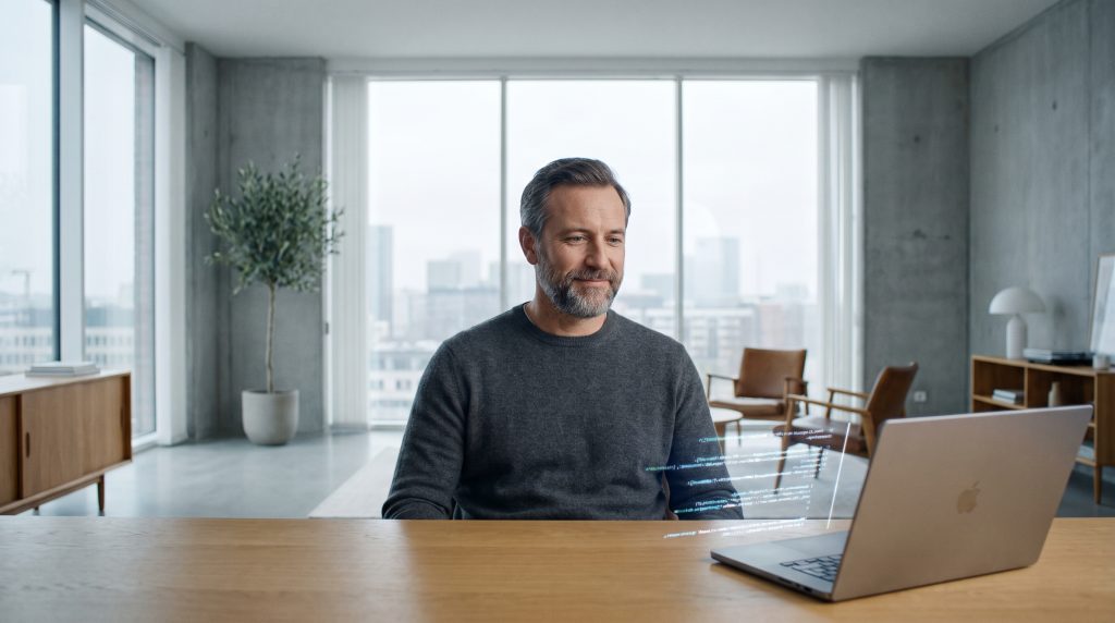 Een software engineer die geconcentreerd werkt op een laptop met programmeercode in een moderne, rustige kantooromgeving.