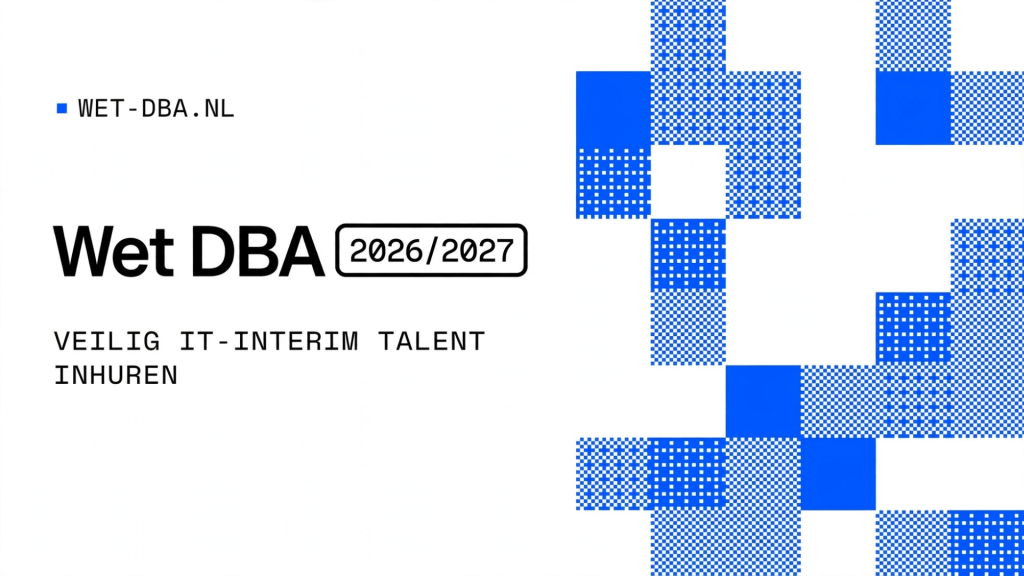 Een zakelijke banner met blauwe typografie op een witte achtergrond. Linksboven staat 'WET-DBA.NL'. Centraal staat de grote kop 'Wet DBA 2026/2027', met daaronder de tekst 'VEILIG IT-INTERIM TALENT INHUREN'. Rechts vult een groot patroon van vierkante blokken in verschillende blauwe tinten en structuren de ruimte.