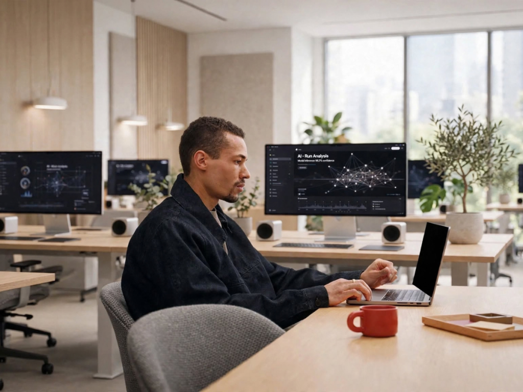 Een AI-Engineer werkt op een laptop aan AI-data-analyses in een modern kantoor met meerdere beeldschermen op de achtergrond.