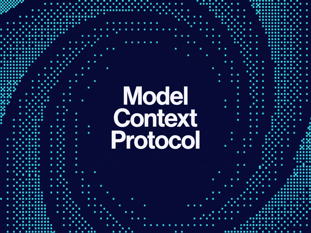 Donkerblauwe abstracte visual met datapunten en de tekst 'Model Context Protocol (MCP)' voor enterprise AI integraties.