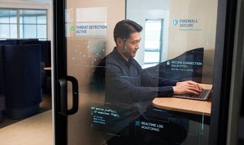 Een IT-security specialist werkt in een stilte-werkplek op zijn laptop, omringd door visuele data van firewall, encryptie en realtime log monitoring.